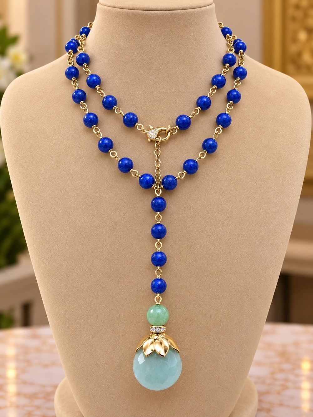 Gold-Trim Lapis Bead Lariat Necklace with Aquamarine Pendant 180